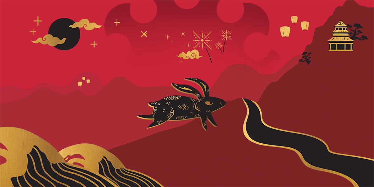 Chinese zodiac illustration of a black and gold rabbit jumping across a red landscape with golden waves, fireworks, clouds, lanterns, and a traditional Chinese building, symbolizing the Year of the Rabbit.