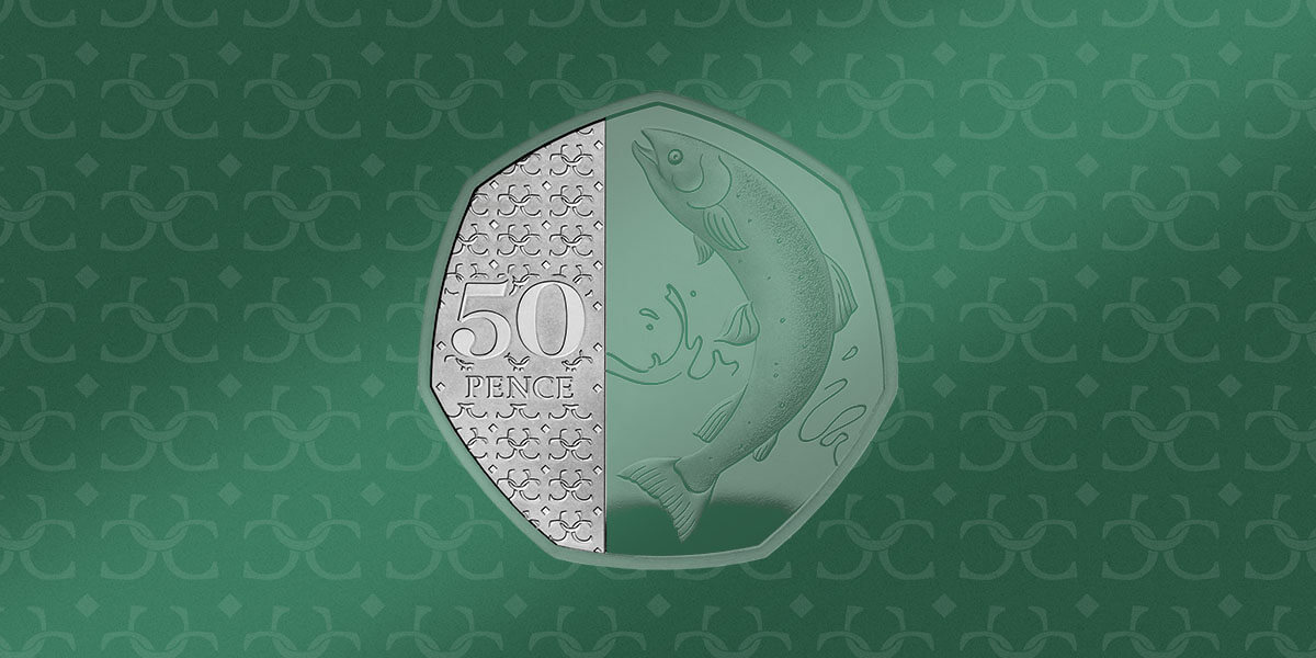 A 2023 Definitive 50p with half the reverse shaded to highlight the interlocking C design that honours His Majesty King Charles