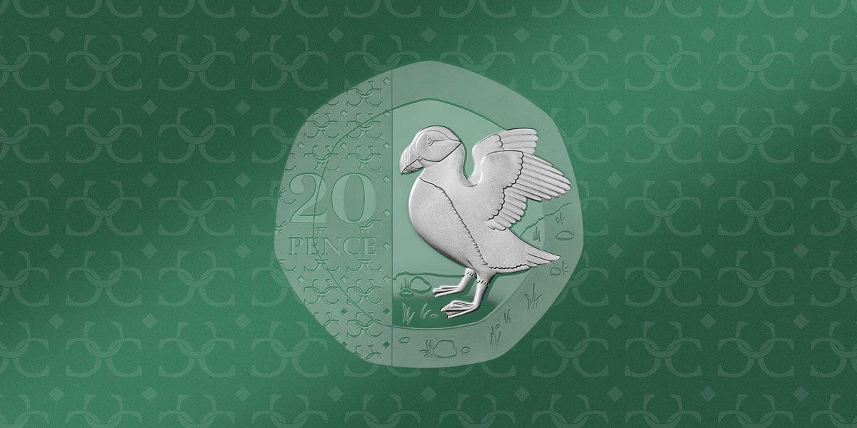 the 2023 definitive 20p coin with a design featuring a a puffin with wings raised