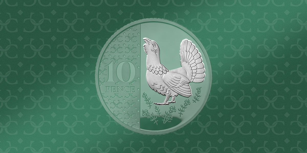 The 2023 Definitive 10p featuring the capercaillie grouse with a light green tint against a dark green background